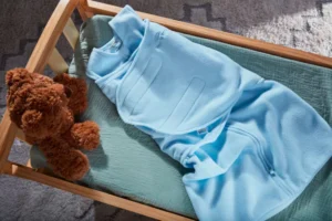Halo - "Back is Best" baby blue sleep sack laying in a bassinet with a teddy bear