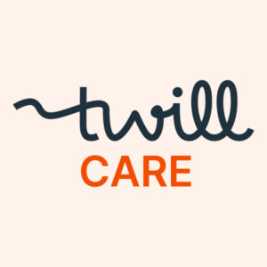 Twill Care Logo in Navy Blue and Red verbiage with a pink background
