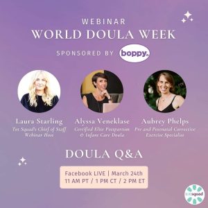 World Doula Week webinar graphic with purple background